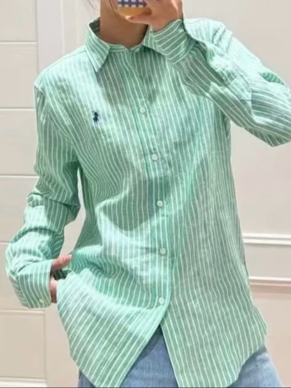 NWT Polo Ralph Lauren Women’s Stripped Green & White Linen Shirt XL